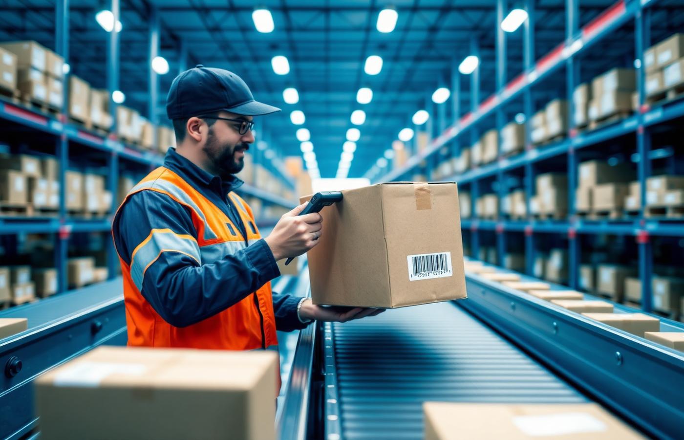 Operator scanning an e-commerce parcel on a conveyor